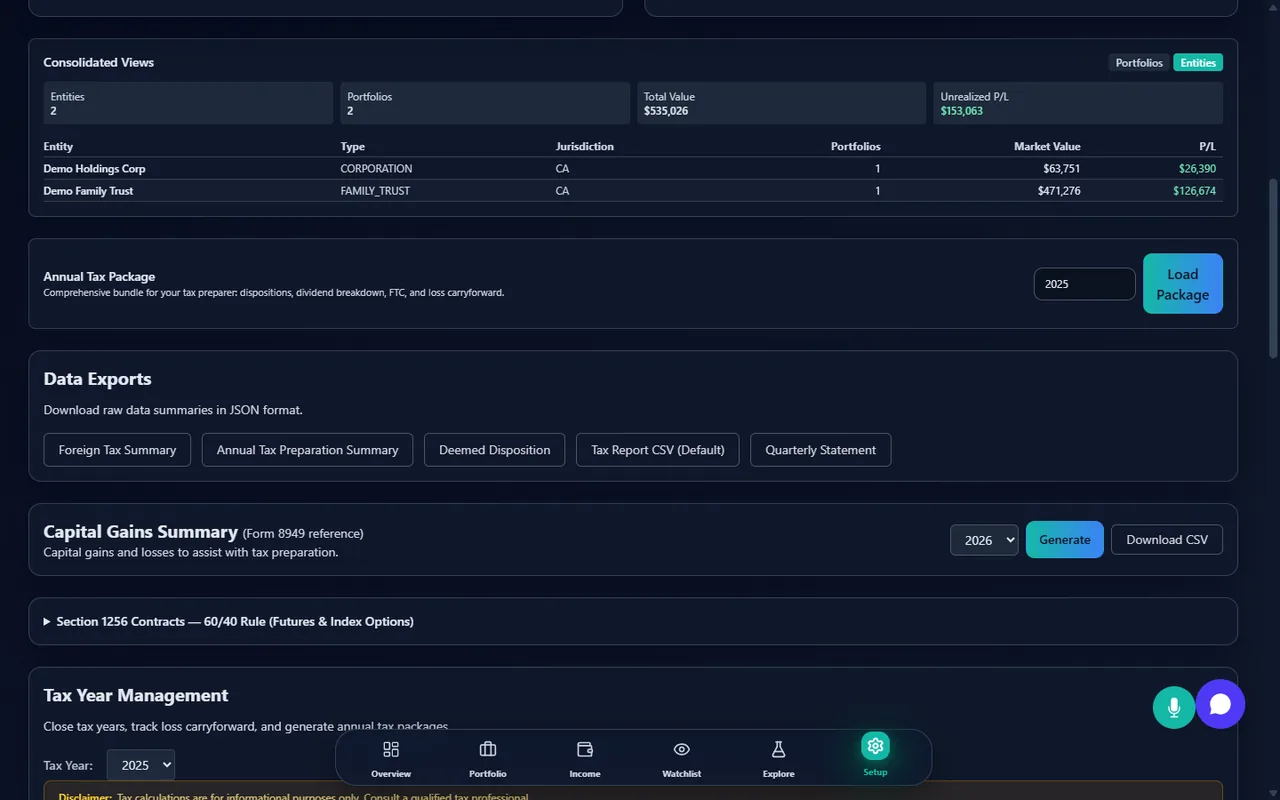 Consolidated household view aggregating holdings across a trust, a corporation, and two individual portfolios